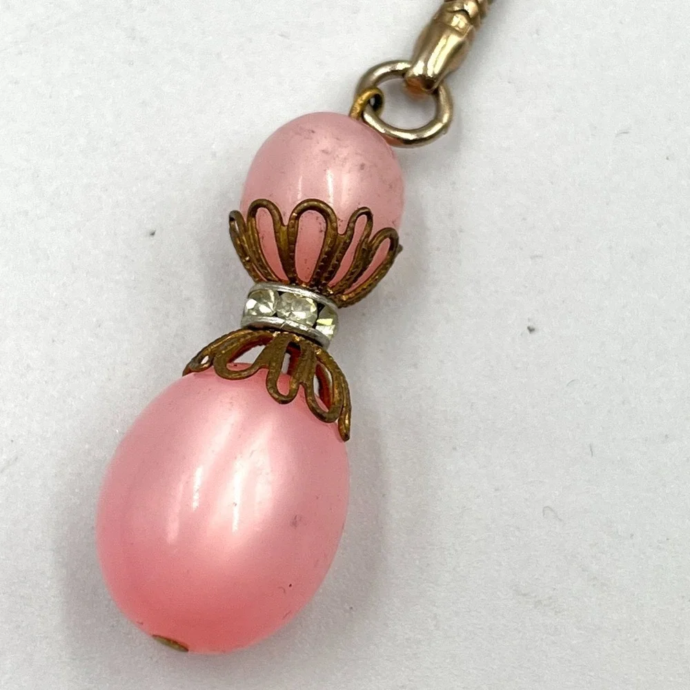 Vintage Retro Pink Moonglow Bead Keychain Gold Tone Snake Chain Rhinestone